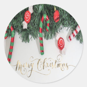 Sticker Rond Canne en sucre, sapin de Noël