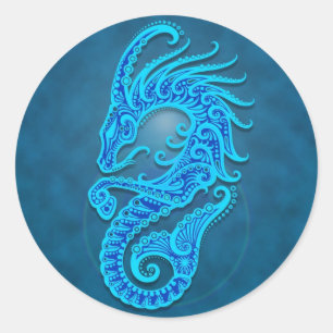 Sticker Rond Capricorne tribal bleu complexe