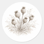 Sticker Rond Capsules de graines de pavot en fleurs Art monochr (Devant)