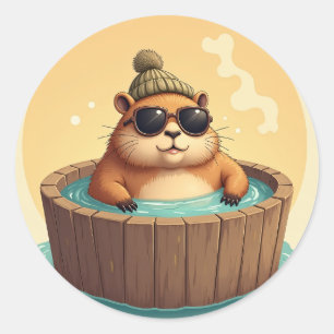 Sticker Rond Capybara Bain à Remous Ambiance Décontractée Autoc