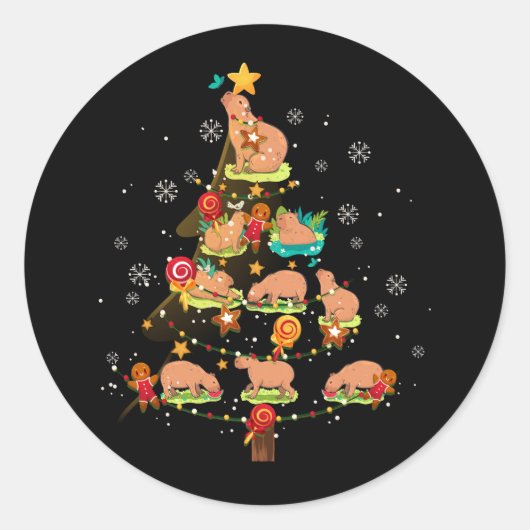 Sticker Rond Capybara Christmas Tree Joyeux zoo animal de Noël (Devant)