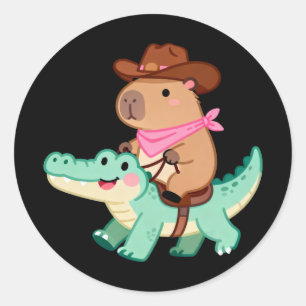 Sticker Rond Capybara cow-boy mignon chevauchant un alligator w