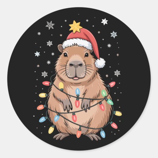 Sticker Rond Capybara De Noël Avec Le Chapeau Du Père Noël Arbr (Devant)