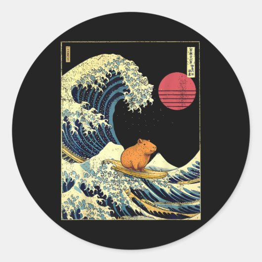 Sticker Rond Capybara Japanese Kanagawa Wave Funny Surf Animal  (Devant)
