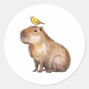 Sticker Rond Capybara Mignon avec Art à l'aquarelle d'oiseau ja