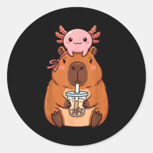 Sticker Rond Capybara Mignon Buvant du Thé aux Perles