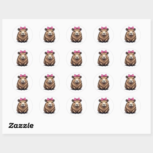 Sticker Rond Capybara mignonne avec béquille en ruban rose femm (Feuille)