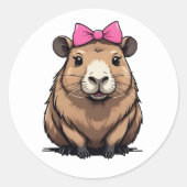 Sticker Rond Capybara mignonne avec béquille en ruban rose femm (Devant)