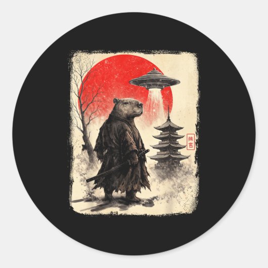 Sticker Rond Capybara Samurai Retro Ufo Japanese Warrior Tenshu (Devant)
