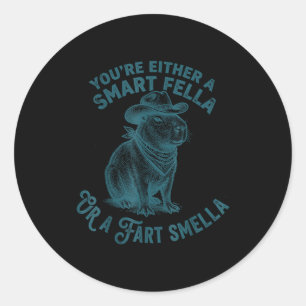 Sticker Rond Capybara Smart Fella Fart Smella Funny Cowboy Humo