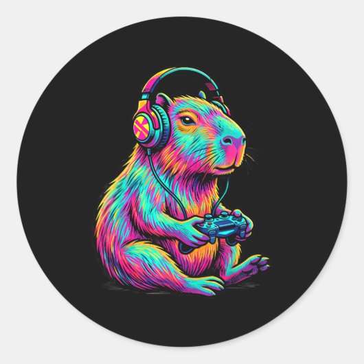 Sticker Rond Capybara Video Games Gamer Funny Gaming Graphic Ki (Devant)