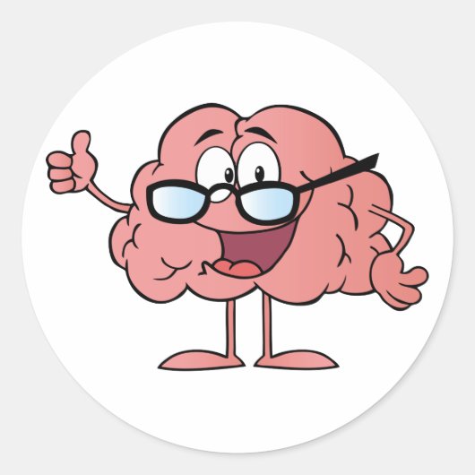 Sticker Rond Caractère Caricature Du Cerveau Donnant Le Pouce V (Devant)