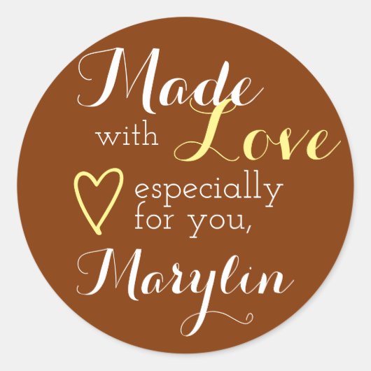Sticker Rond Caramel Brown Jaune simple fait avec coeur d'amour (Devant)