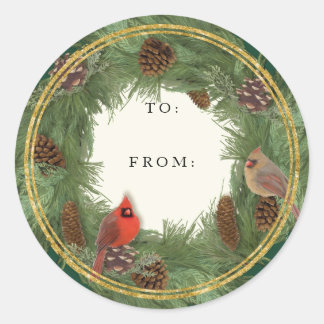 Sticker Rond Cardinal Christmas Wreath Pine Cones Tags cadeaux