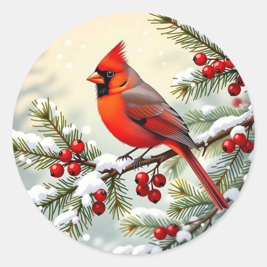Sticker Rond Cardinal de Noël sur branche de pin enneigée (Devant)