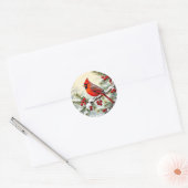 Sticker Rond Cardinal de Noël sur branche de pin enneigée (Enveloppe)