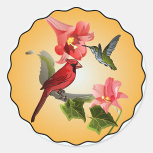 Sticker Rond Cardinal et colibri avec les lis roses ronds