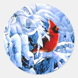 Sticker Rond Cardinal Rouge dans la neige d'hiver