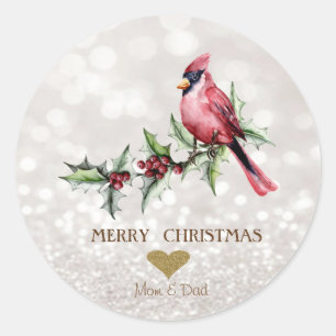 Sticker Rond Cardinal Rouge Holly Berry Bokeh
