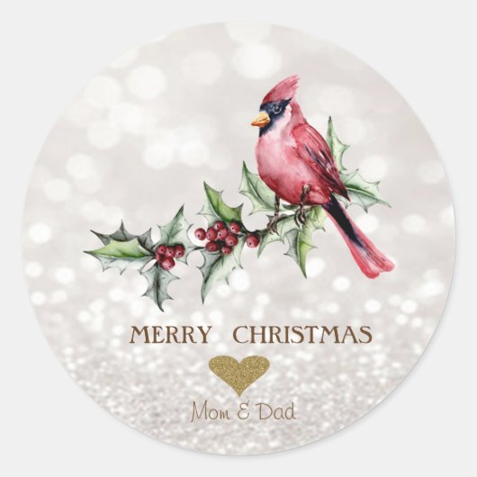Sticker Rond Cardinal Rouge Holly Berry Bokeh (Devant)
