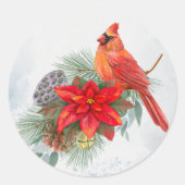 Sticker Rond Cardinal Rouge Poinsettia Verdure Noël (Devant)