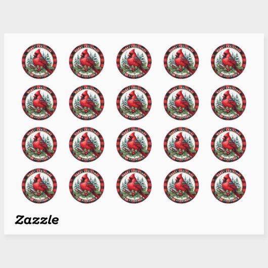 Sticker Rond Cardinal with Holly & Buffalo Plaid Background (Feuille)