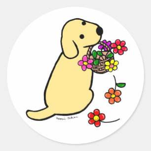 Sticker Rond Caricature à panier à chiot jaune du Labrador