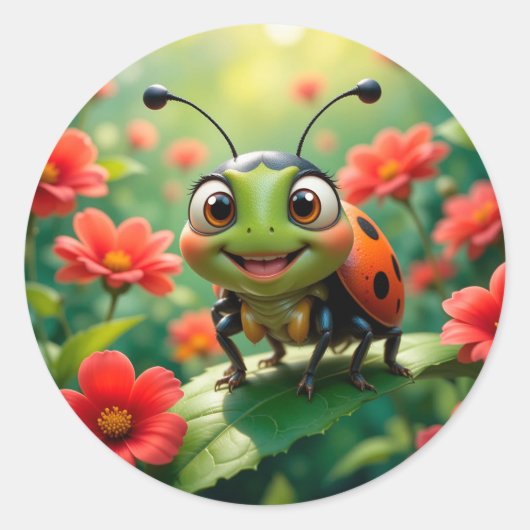 Sticker Rond Caricature adorable Ladybug sur une feuille (Devant)