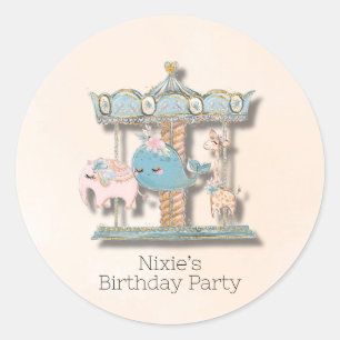 Sticker Rond Caricature Animaux Carrousel Fête d'anniversaire