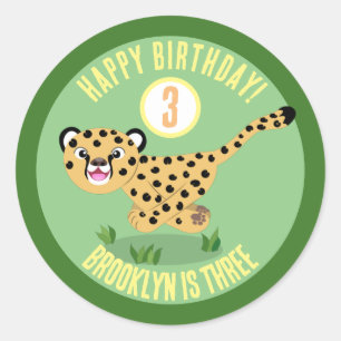 Sticker Rond Caricature d'anniversaire de guépard personnalisée