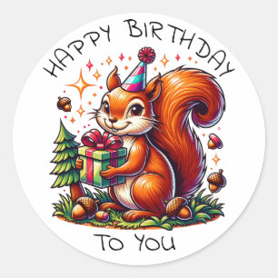 Sticker Rond Caricature d'Anniversaire d'écureuil mignon