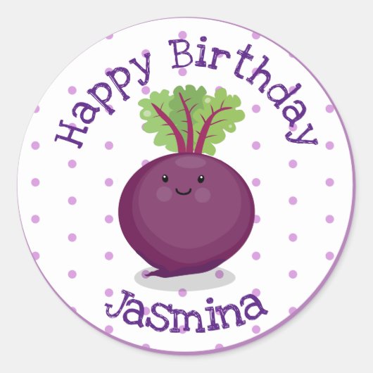 Sticker Rond Caricature de betterave mignonne et violette (Devant)