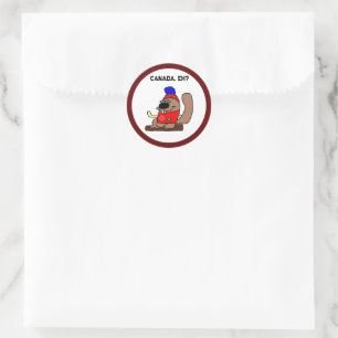 Sticker Rond Caricature de castor de hockey en Chemise Feuille