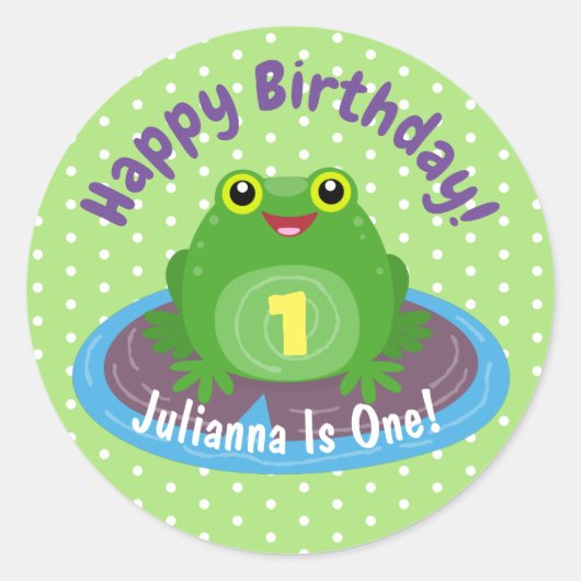 Sticker Rond Caricature de grenouille verte kawaii joyeux (Devant)