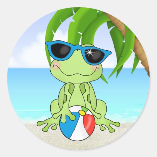 Sticker Rond Caricature de la grenouille Summer Beach (Devant)