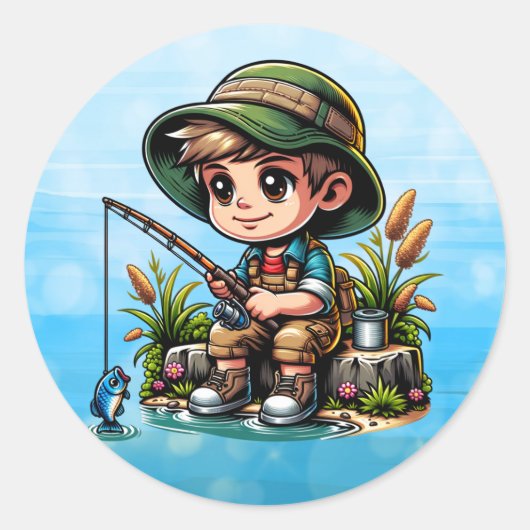 Sticker Rond Caricature de Little Boy Fishing (Devant)