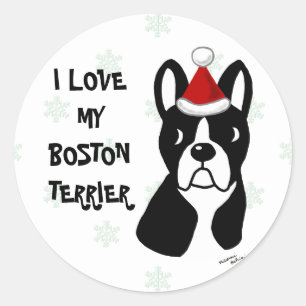 Sticker Rond Caricature de Noël de Boston Terrier Flocon de nei