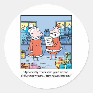 Sticker Rond Caricature de Noël Santas bonne et mauvaise liste