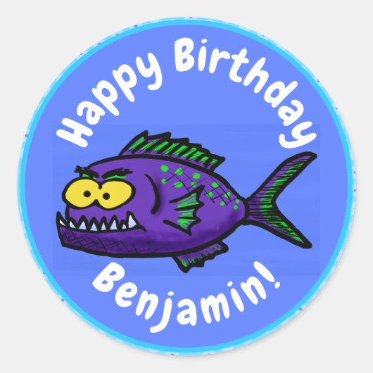 Sticker Rond Caricature de poisson de Piranha (Devant)