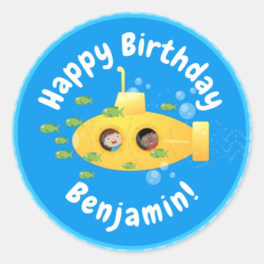 Sticker Rond Caricature de poisson sous-marin jaune mignon (Devant)