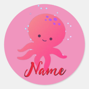 Sticker Rond Caricature de poulpe rose mignon Ajouter un nom