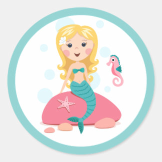 Sticker Rond Caricature de sirène blonde fille avec hippocampe 
