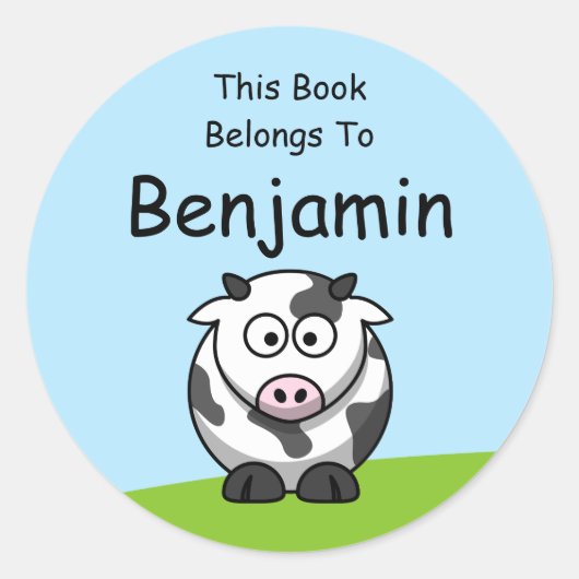 Sticker Rond Caricature De Vache Cute Ce Livre Appartient À (Devant)