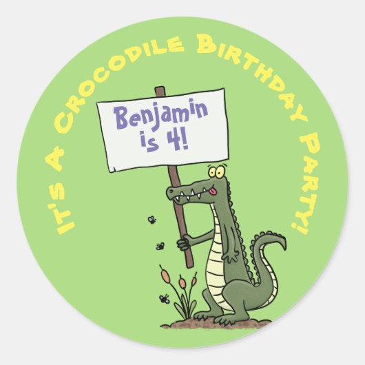 Sticker Rond Caricature d'humour de crocodile vert mignon et dr (Devant)