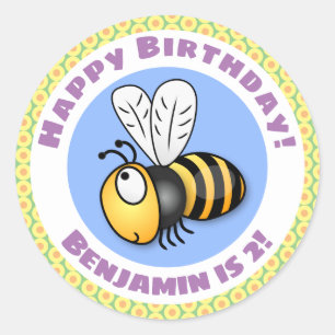 Sticker Rond Caricature en jaune d'abeille volante mignonne