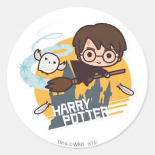 Sticker Rond Caricature Harry et Hedwig Flying Passé Hogwares