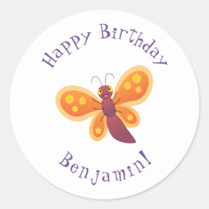 Sticker Rond Caricature joli papillon orange