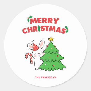 Sticker Rond Caricature lapin lapin de Noël mignon