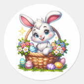 Sticker Rond Caricature mignonne Lapin de Pâques dans un panier (Devant)