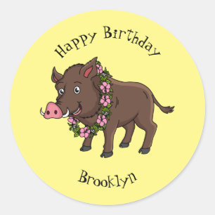 Sticker Rond Caricature mignonne sanglier et fleurs